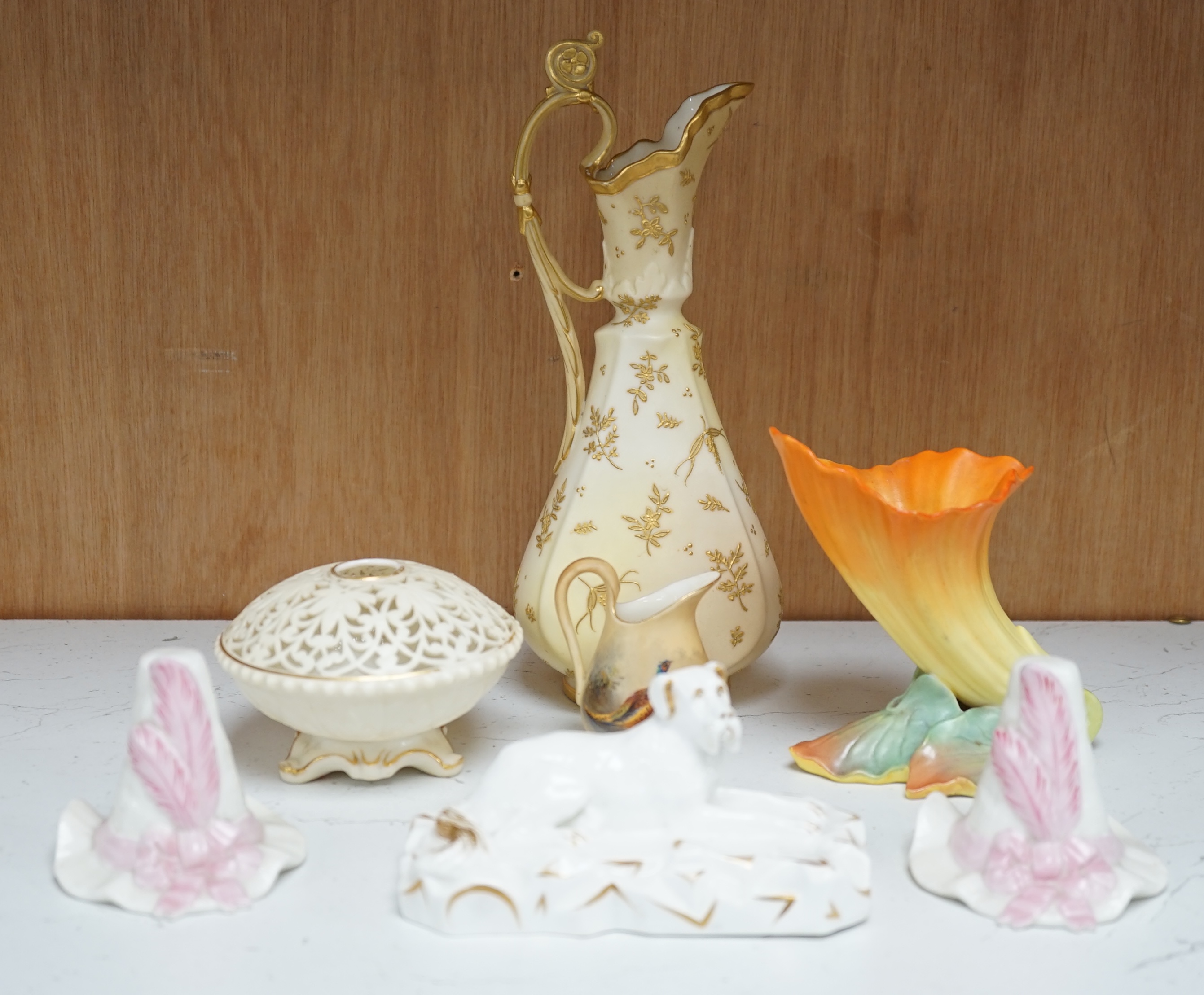 A pair of Grainger's Worcester hat models possibly snuffers, pot pourri, a model of a dog etc., tallest jug 22.5cm high (7). Condition - fair to good